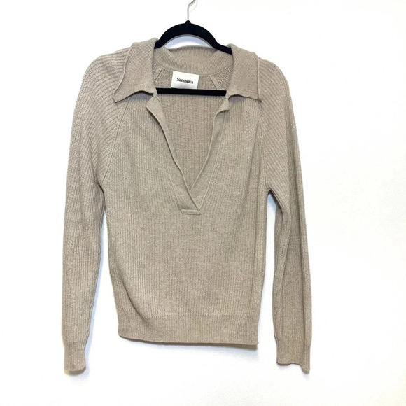NWOT Nanushka Bambi Beige Wool Polo Sweater - Wool Cashmere Blend V-Neck - Picture 2 of 5